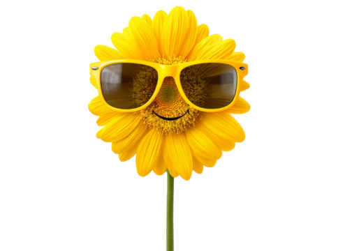 Happy sunflower wearing sunglasses summer fun, Isolated On Transparent Background, Cut Out
