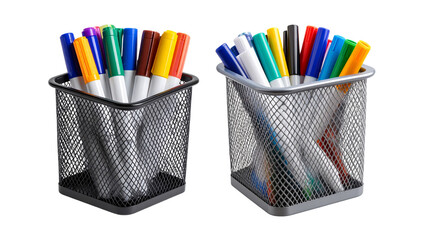 A collection of a metal basket pen holder, desk tidy, with coloured whiteboard marker pens isolated against a transparent background.