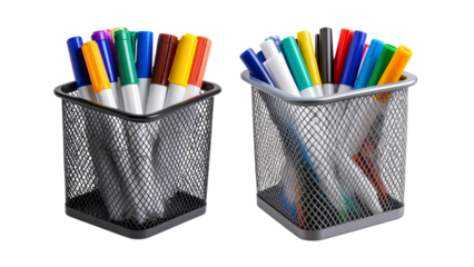 A collection of a metal basket pen holder, desk tidy, with coloured whiteboard marker pens isolated against a transparent background.