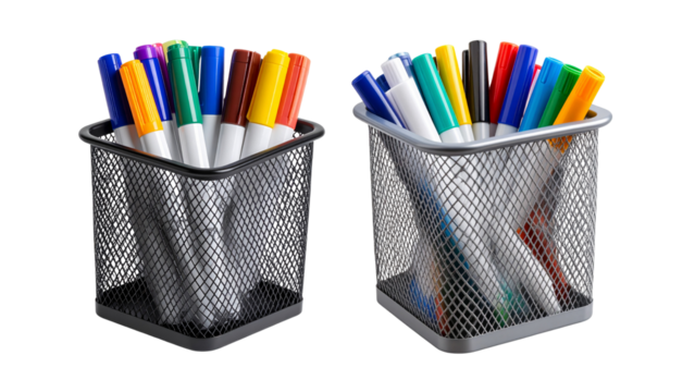 A collection of a metal basket pen holder, desk tidy, with coloured whiteboard marker pens isolated against a transparent background.