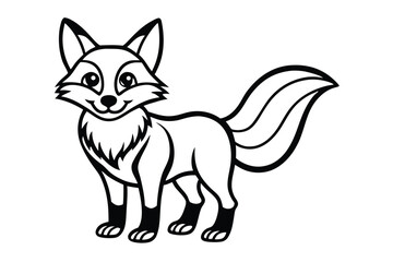 A stylized black and white fox smiles, showcasing its bushy tail and detailed outline