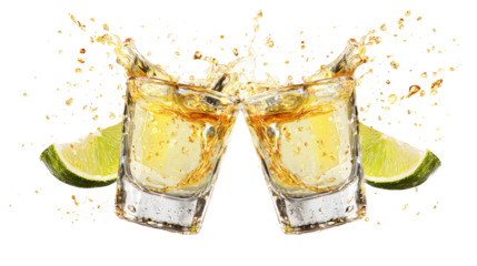 Shot Glasses of Tequila with Lime on Transparent Background