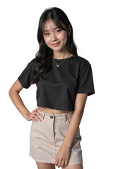 portrait of a young woman in T-shirt and skirt on transparent background

