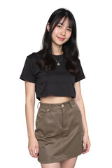 portrait of a young woman in T-shirt and skirt on transparent background

