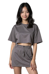 portrait of a young woman in T-shirt and skirt on transparent background
