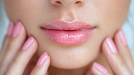 Close up of a freckled woman with green eyes and pink nails touching her face showing natural beauty and detailed skin texture in bright sunlight