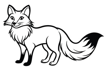 A fox with black outline is standing quietly and attentively on a white background