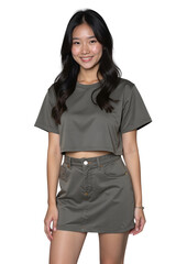 portrait of a young woman in T-shirt and skirt on transparent background
