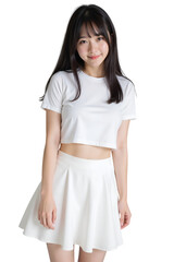 portrait of a young woman in T-shirt and skirt on transparent background
