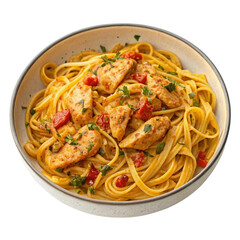 Delicious creamy chicken pasta with herbs and sun dried tomatoes isolated on white background