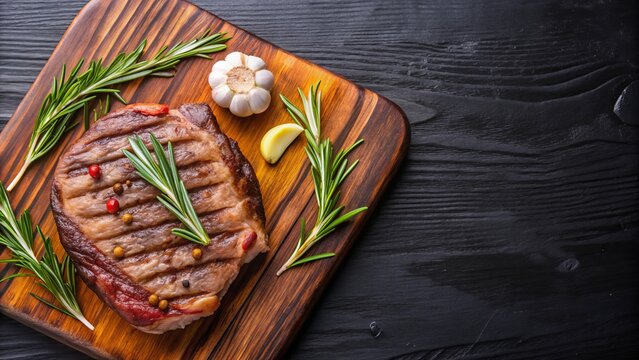 Close up of juicy grilled steak with grill marks on wooden board with fresh rosemary and garlic on black background with copy space