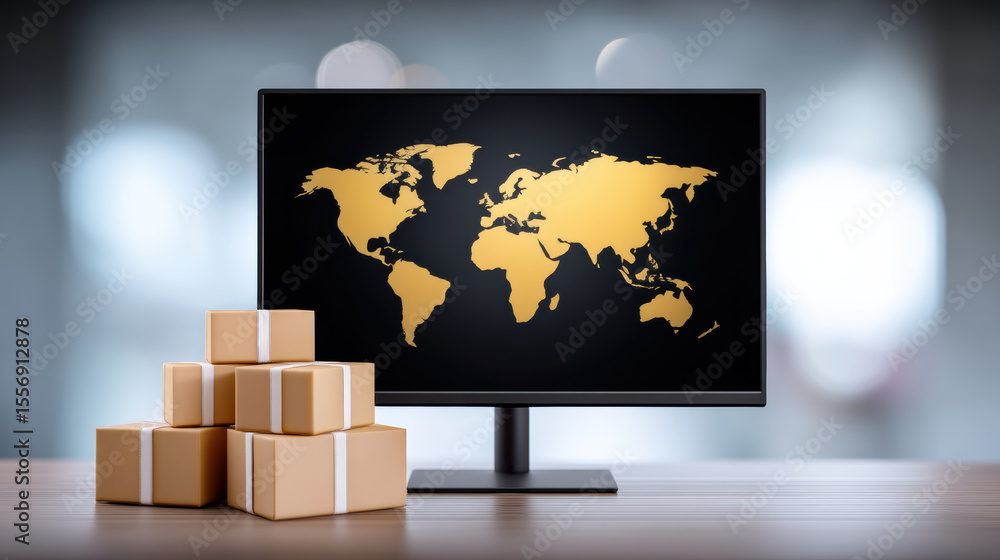 Poster small business concept with stacked cardboard boxes and computer screen showing golden world map sym