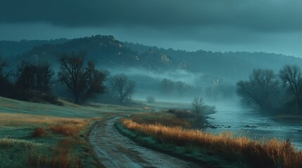 Scenic Country Road Through a Misty Autumn Landscape Beside a Flowing River