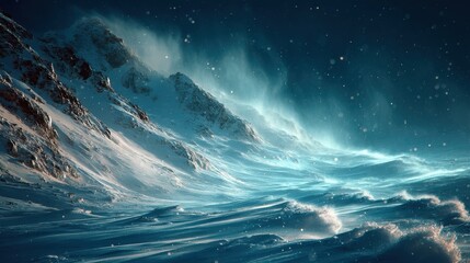 Snowy Mountain Range with Blowing Snow and a Winter Landscape