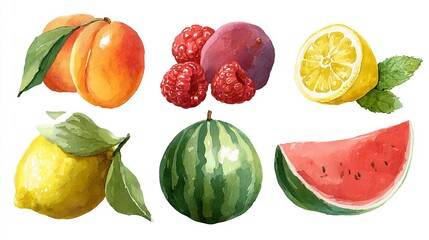 Watercolor Fruit Delight Peach Raspberries Mango Lemon and Watermelon Fresh Harvest Artwork Design