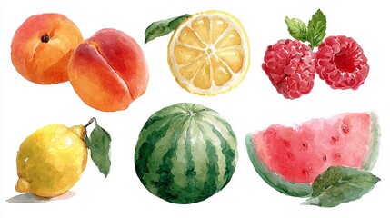 Watercolor Fruits Apricots Lemon Raspberry and Watermelon Illustration Fresh Artistic Summer 100char