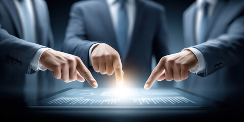 Small business team working on digital tablet with glowing interface and futuristic technology in office