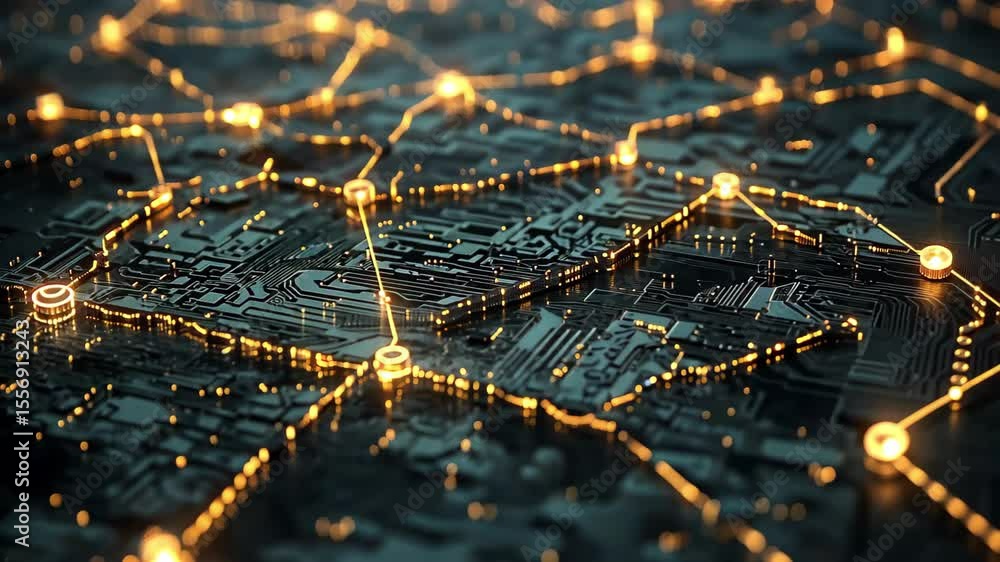 Poster network of connected nodes highlighting a digital futuristic technology landscape, network of connec