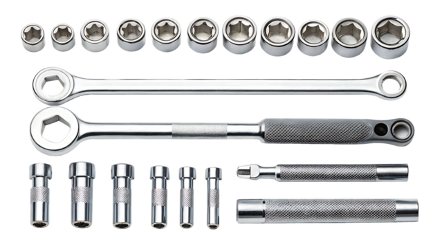 Collection of Various Sized Socket Wrenches transparent background