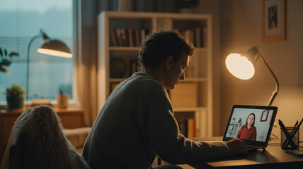 Woman having a video call with another woman in a cozy home office at night