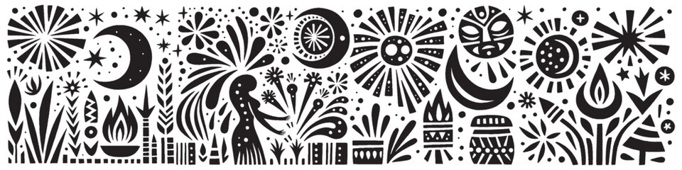 Hand‑Drawn Woman and Crescent Moon Illustration, Tribal Mystical Folk Art Pattern Vector for Spiritual and Nature Theme Designs