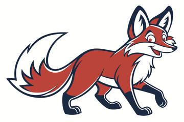Cartoon fox with a red coat and bushy white tail is confidently walking