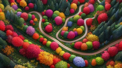 Aerial View of a Winding Road Through a Vibrant Autumnal Forest