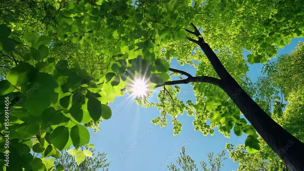 Poster sunlight filtering through vibrant green leaves in a serene forest setting during the day, sunlight 