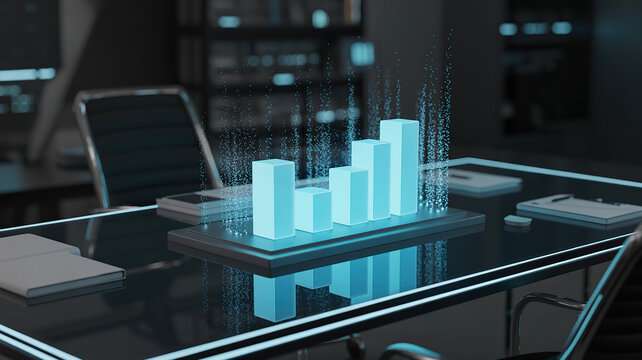 Futuristic holographic bar chart data visualization on a modern office desk