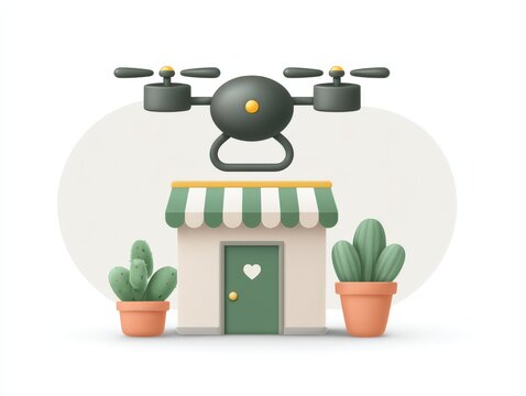 Conceptual visualization of a quaint storefront underscored by a hovering drone showcasing innovative delivery solutions amidst a modern urban lifestyle and emerging retail paradigms