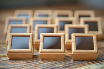 Illustrate a stylish arrangement of square photo frames aligned precisely to form a modern and elegant gallery display that enhances any living space.