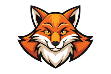 Illustrated fox head shows symmetrical orange and white face looking forward with bright yellow eyes