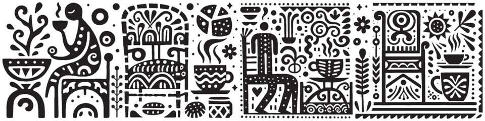 Fototapeta premium Hand‑Drawn Relaxing Chair and Drinking Tea Illustration, Tribal Cozy Folk Art Pattern Vector for Home Comfort and Leisure Theme Designs