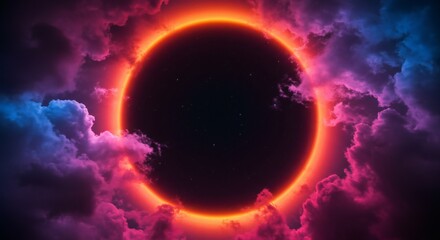 A cosmic scene featuring a luminous orange halo around a dark center, engulfed by billowing purple and blue clouds, conveying a mysterious atmosphere.
