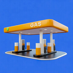 A sleek 3D render of a modern gas station with a bright orange and white canopy labeled “GAS,” multiple fuel pumps, and a clean, minimalist design, set against a vivid blue background. 