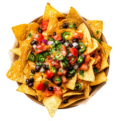  tex-mex mexican nachos supreme in basket shot with top down view and isolated [Transparent Background PNG].
