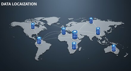 Naklejka premium Global Data Localization Concept Illustrated by Database Icons Spread Across a World Map with Network Connections, Representing International Data Management and Connectivity