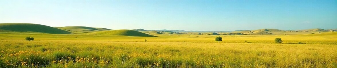 Fototapeta premium Serene Prairie Landscape Rolling Hills, Wildflowers, and a Vast Horizon Under a Clear Sky, Perfect for Travel and Nature Projects