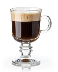 Irish Coffee glass, clear transparent glass isolated on a clean white background, PNG format with transparent edges, sharp details, realistic lighting and reflections."
