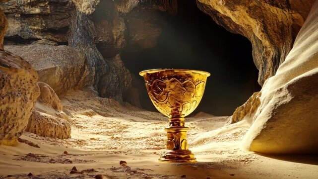 Treasure gold cup discovered in ancient desert cave with sand and rock formations, Treasure Gold Cup In Desert Cave