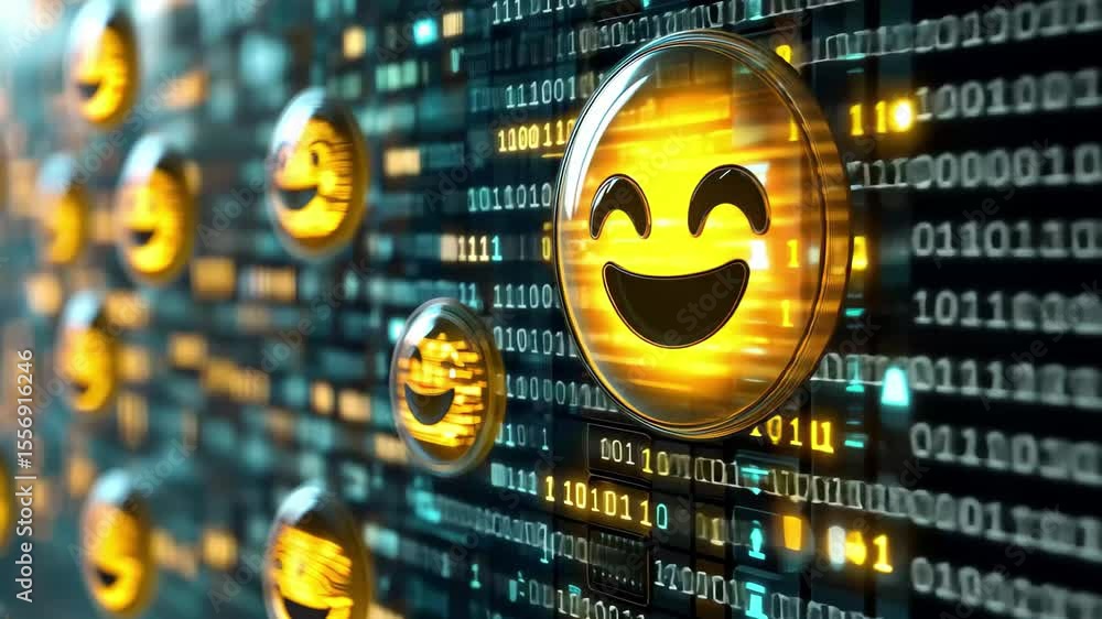 Poster smiling emoji illuminated by digital code on glass tiles in a futuristic environment, smiling emoji 