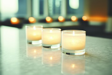 Three lit candles in glass holders placed on a reflective surface with blurred background lights creating a calm ambiance.