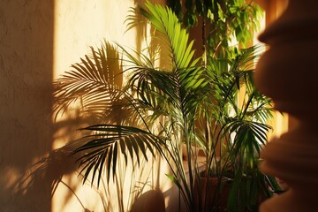 The light from the sun goes through the leaves of the palm trees. It makes shadows on the wall. The place is nice and cozy. You feel relaxed and close to nature.