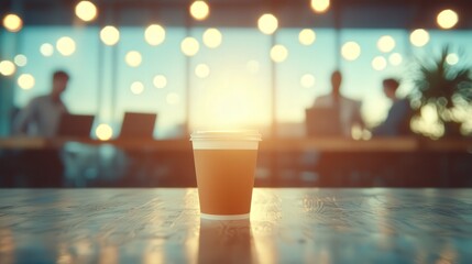 A takeaway coffee cup sits on a wooden table in a bright, modern office with blurred figures and warm hanging lights in the background.