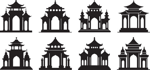 Obraz premium set of temple gate silhouette, black and white silhouette, vector and illustration