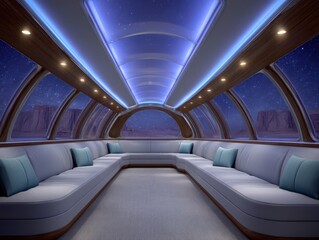 Fototapeta premium Modern interior of a luxury transport lounge featuring panoramic windows showcasing a starry night sky creating a serene atmosphere of relaxation for travelers seeking comfort and inspiration