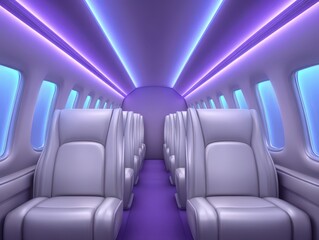 Fototapeta premium Sophisticated modern airplane interior showcasing plush seating bathed in soothing purple and blue ambient lighting evoking a sense of luxury comfort during air travel exploration