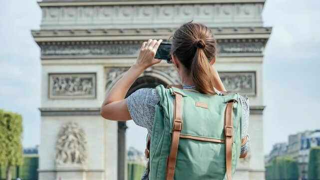 Tourist capturing the beauty of Arc de Triomphe in Paris during a sunny day, Attractive tourist taking a video of the Arc de Triomphe on vacation
