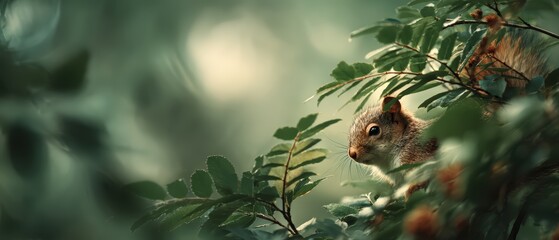 Squirrel peeking through lush green leaves in natural habitat