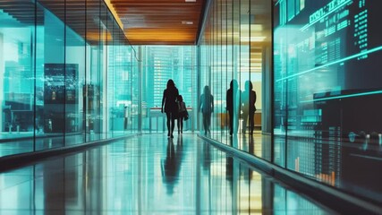 Financial data analysis and currency exchange occur in a modern business environment, Financial data and currency exchange over businesswomen walking in office - Powered by Adobe